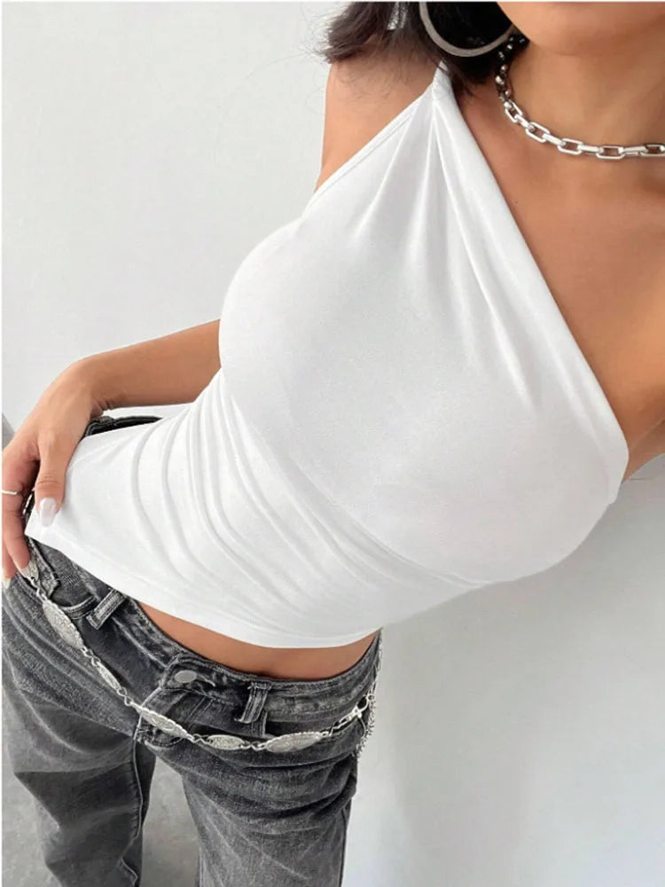 Top Femme T-Shirt Épaule Dénudée Asymmétrique Slim Fit Uni Casual – Haut Tendance Col Original Élégant | Mode 2025