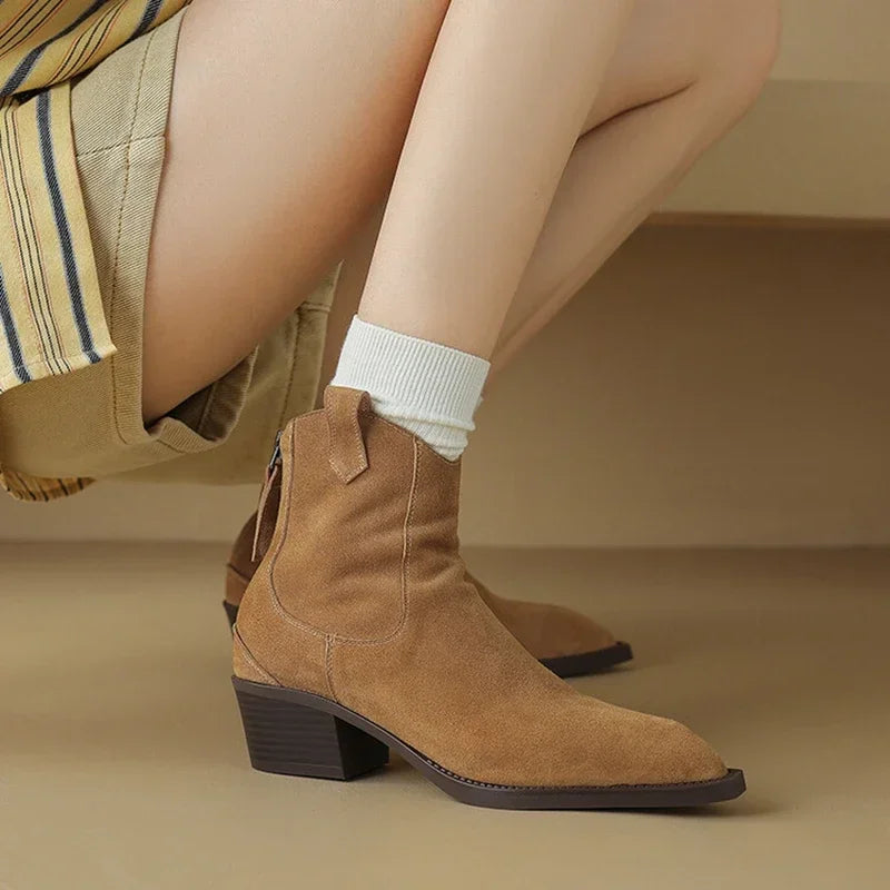 Bottes Suède Vache Chunky Heel Western Femme – Bout Pointu Noir Zip Concis Automne