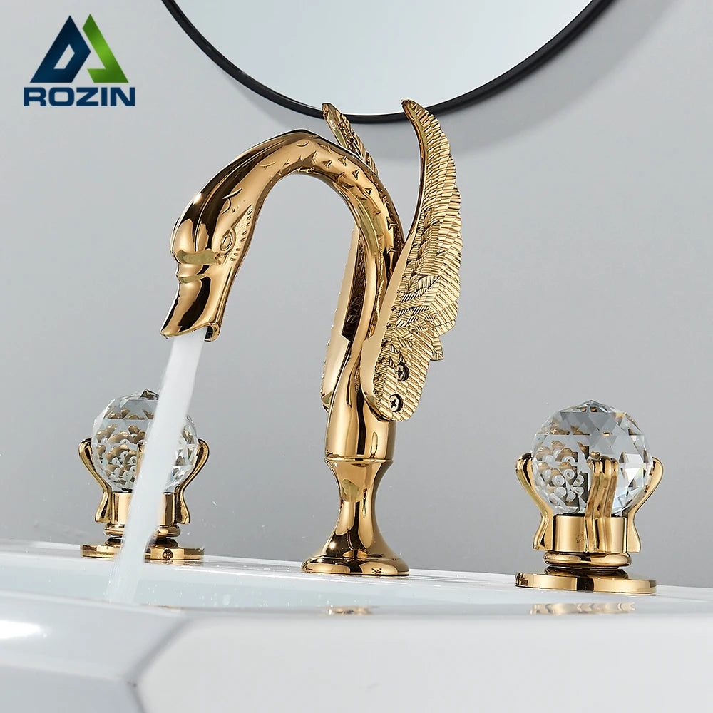 Rozin Robinet Lavabo Cygne Or Luxe – Double Poignée Cristal, Mitigeur Eau Chaude & Froide | Pièce Maîtresse Salle de Bain