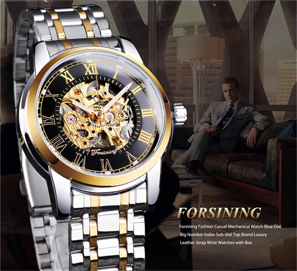 Herrenuhr FORSINING 349 Mechanisch Handaufzug Skelett – Business Elegant Edelstahl