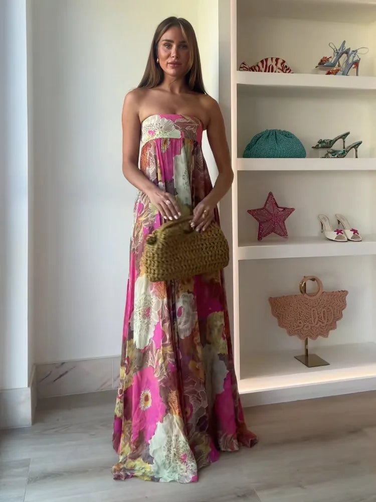 Robe Maxi Femme Imprimée Sans Bretelles Épaules Dénudées Dos Nu Sans Manches Taille Haute – Robe de Soirée Élégante | Été