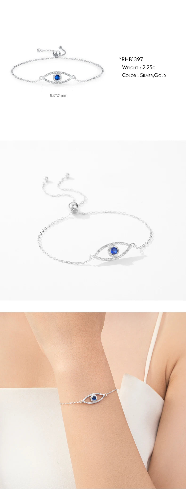 Bracelet Argent 925 Pur MODIAN Luxe – Yeux Turquoise Bleu & Zircon Cubique Cristal Transparent | Bijou Fin Femme Chaîne Maille Élégante & Hypoallergénique