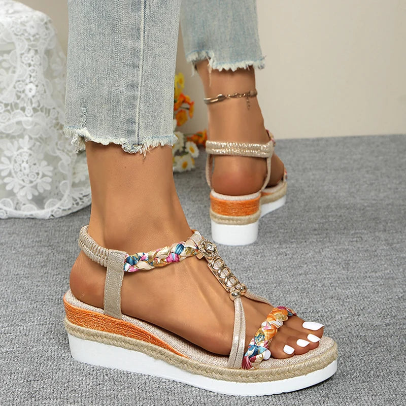 Sandales T-Strap Wedge Mix Color Femme – Bande Élastique Plateforme Bout Ouvert Été