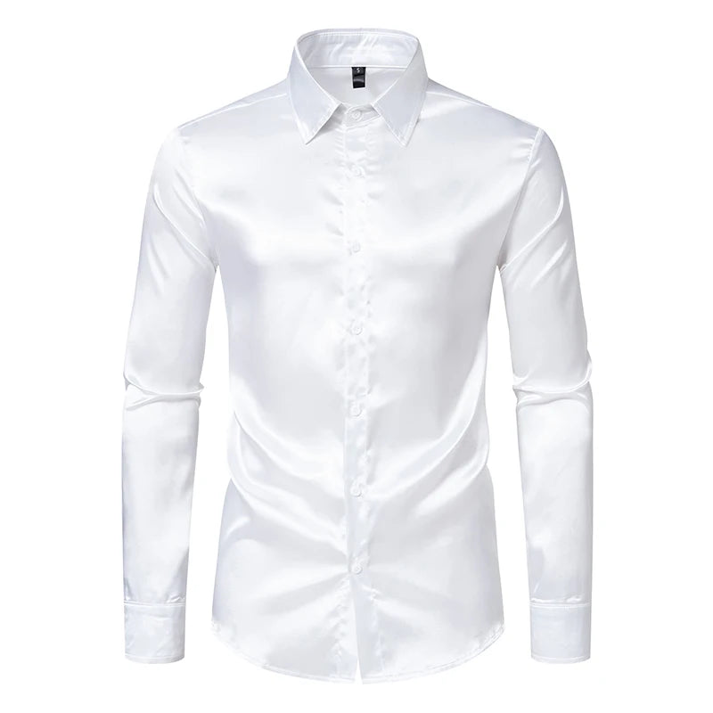 Chemise Homme Satin Noir Luxe Soie Lisse Tuxedo Mariage Soirée Prom Casual Business Bureau Élégante Couleur Unie Premium – Chemise Satin Luxe Cérémonie | Mode Homme Luxe Cérémonie Premium