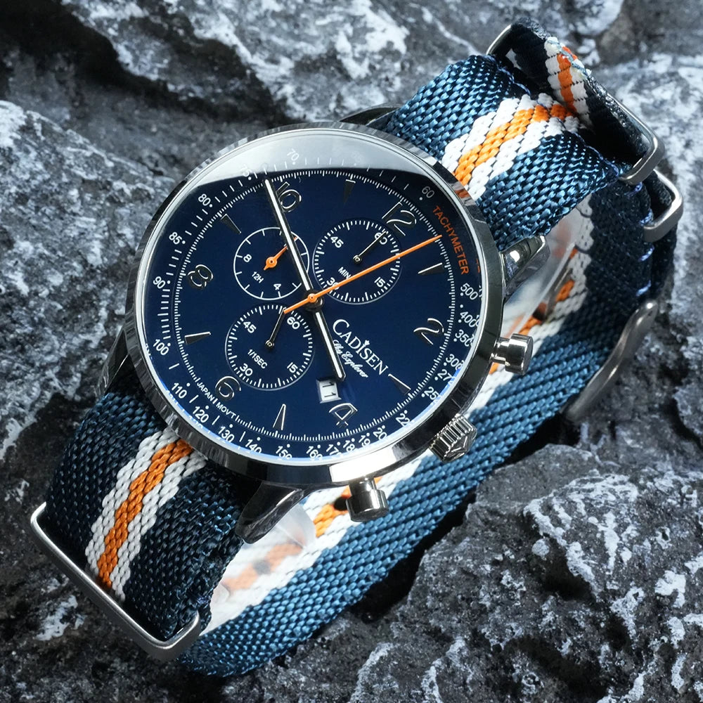 Montre Homme Luxe CADISEN Chronographe Quartz Japonais MIYOTA Bracelet Toile – Étanche Fashion
