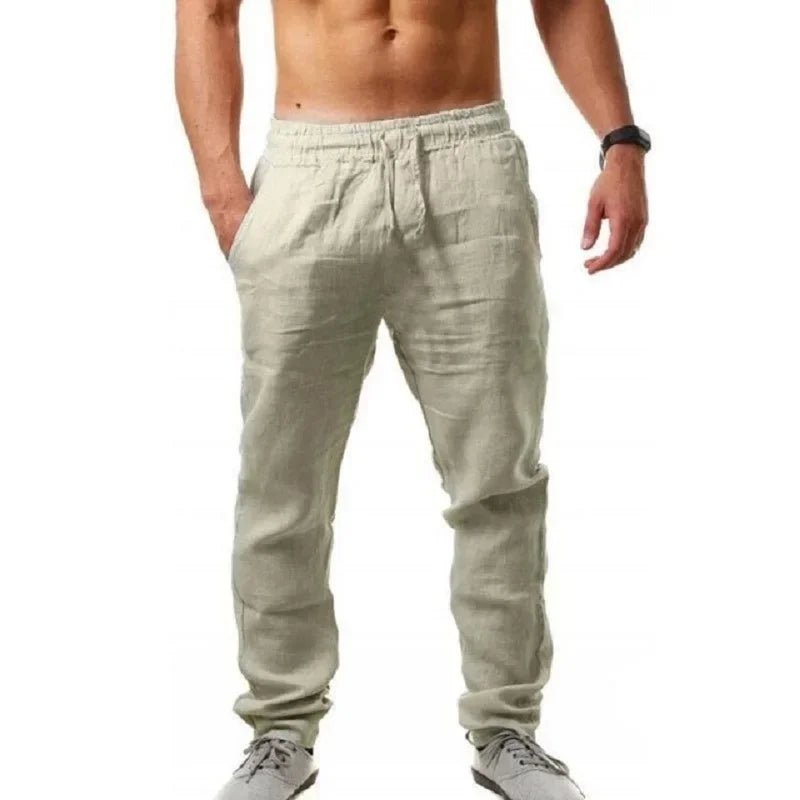 Pantalon Homme Coton Lin Respirant Couleur Unie Fitness Streetwear Casual Léger Confortable S-3XL | Pantalon Lin Coton Streetwear Premium