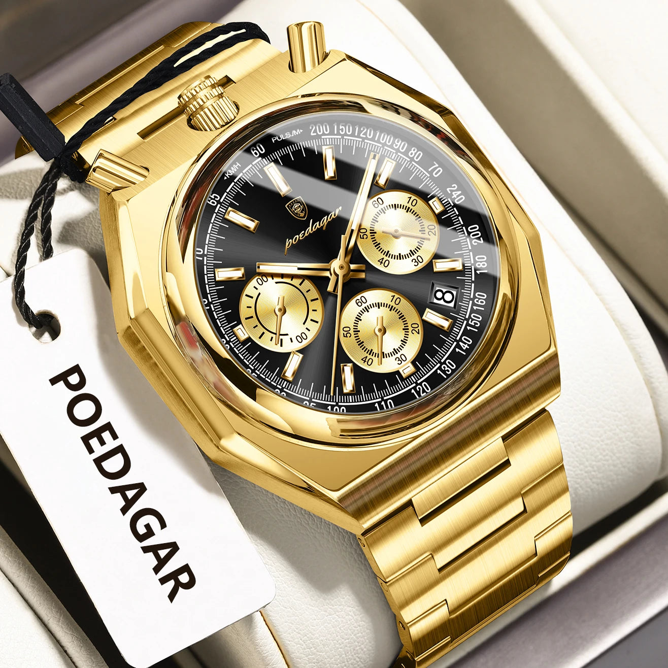 Montre Homme Luxe POEDAGAR Chronographe Militaire Acier Inoxydable Lumineux Étanche + Boîte