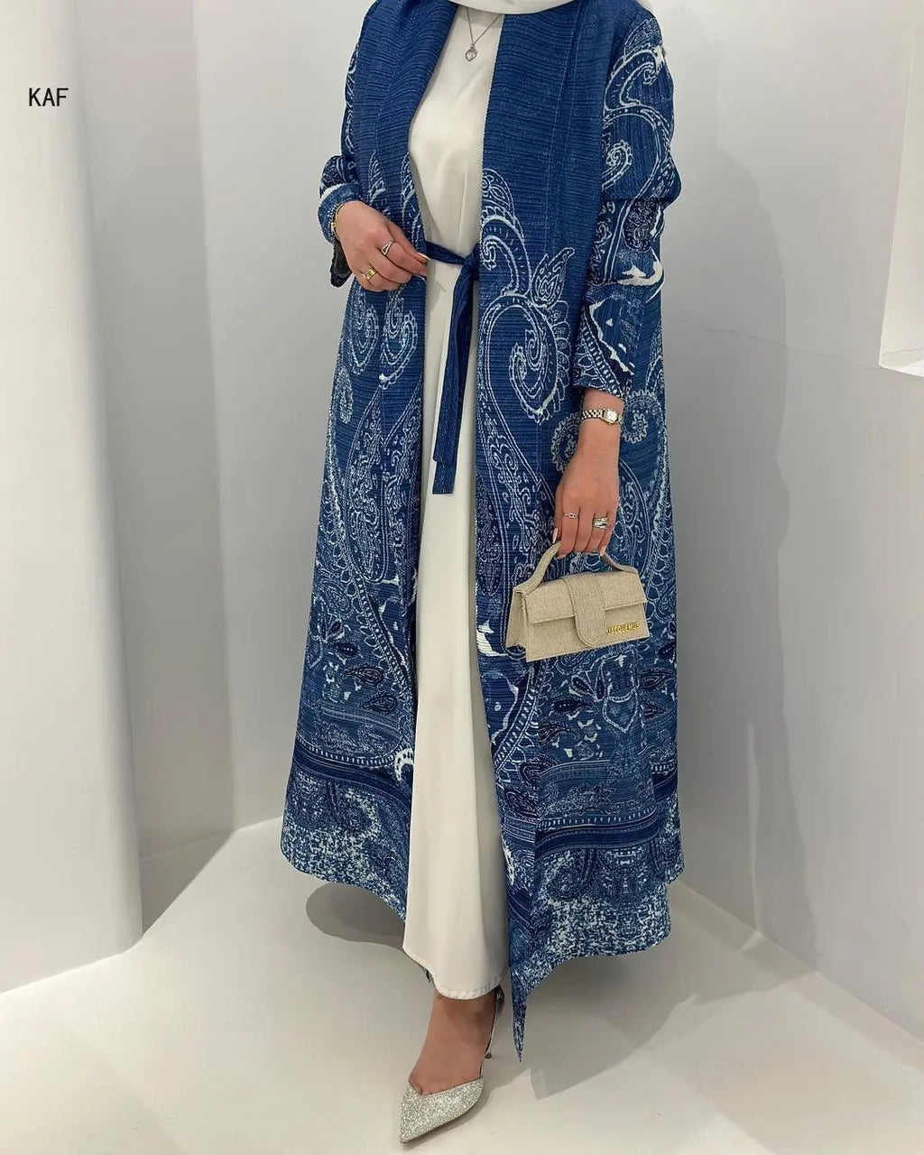 Kimono Cardigan Long Femme Abaya Imprimé Vintage Miyake Fluide Ample – Mode Modesté & Élégance