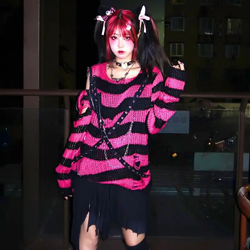 Gothic Damen Strickpullover Lila Streifen Zerrissen Ausgefranst – Fairy Grunge Lolita Emo Streetwear Stil