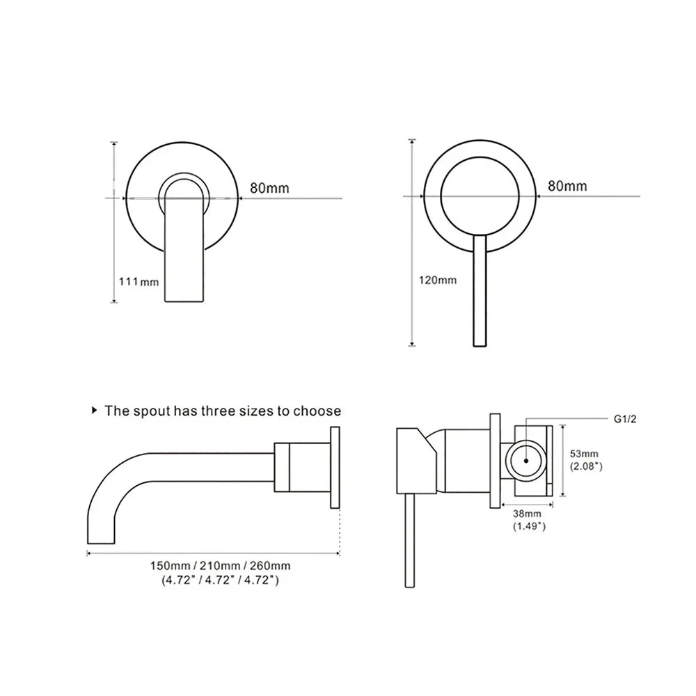 Robinet Lavabo Mural Noir Mat Mono-Commande – Bec 150/210/260mm au Choix | Mitigeur Encastré Salle de Bain