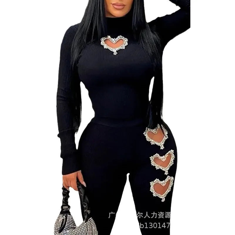 Damen-Set 2-teilig Rollkragen Sexy & Figurbetont – Langarm-Top mit Cut-outs & Hose High Waist | Chic & Trendy