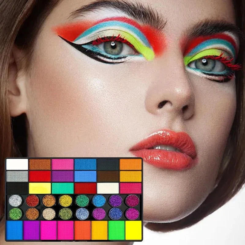 Kit Maquillage Artistique 42 Couleurs – Peinture Visage & Corps UV Néon Fluorescent | Festival Halloween Glitter