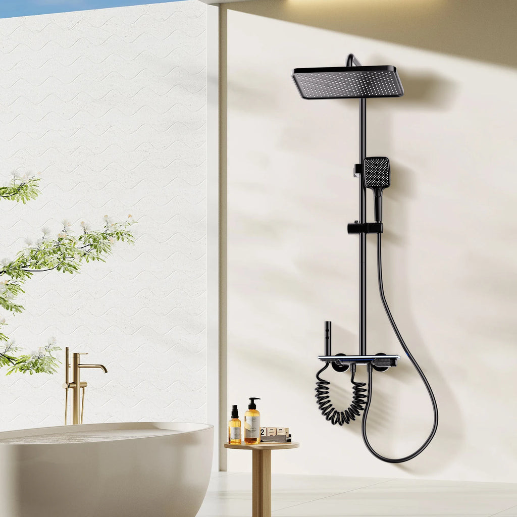 Système Douche Smart LED Digital – Affichage Température, Mitigeur Cuivre, Panneau Verre Trempé & Pommeau Pluie | Luxe Salle de Bain