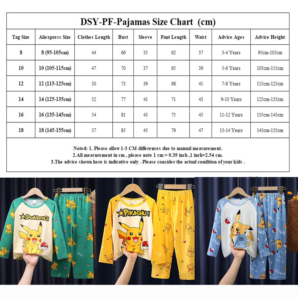 Pyjama Enfant Cartoon Pikachu – Ensemble 2 Pièces Manches Longues Garçon Fille 3-13 Ans