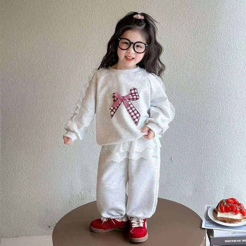 2-teiliges Set für Mädchen, Baumwolle, Spitze, Schleife – Langarm-Sweatshirt, Jogginghose für Kinder 2025