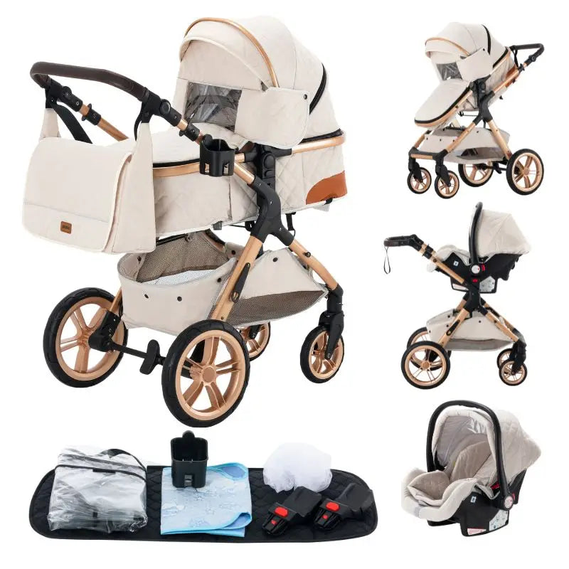 Poussette Bébé 3 en 1 Pliable Aluminium – Haute Vue, Nacelle & Siège, Voyage Compact | Nouveau-Né & Nourrisson