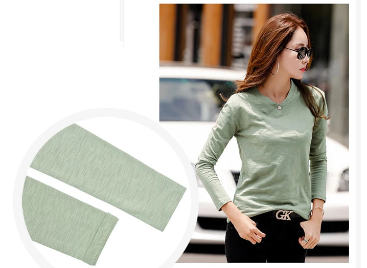T-Shirt Slub-Baumwolle Langarm V-Ausschnitt Knöpfe - Koreanischer Stil Locker Lässig Frühling