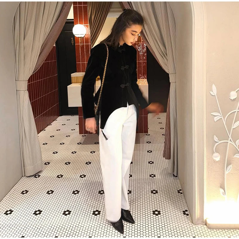 Veste Femme Velours Noir Franges Boutons Nœuds Ourlet Asymétrique Manches Longues Slim – Élégante Streetwear & Bureau