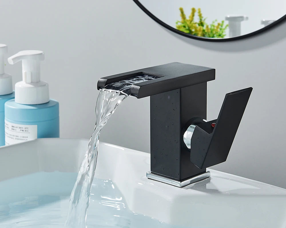 Rozin Robinet Lavabo Noir LED Cascade Hydroélectrique – Mitigeur Eau Chaude & Froide, Lumière LED Automatique | Vasque Design