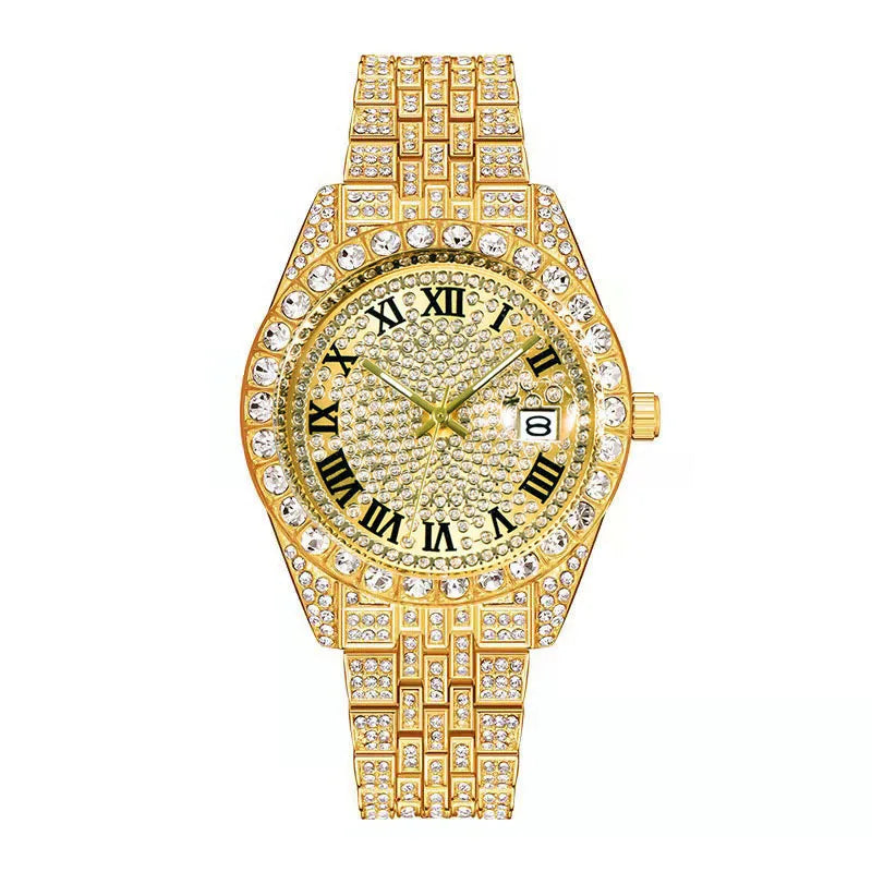 Montre Homme Hip Hop Diamant Fashion Bracelet Alliage Dorée Luxe Date Quartz Tendance Streetwear Bling | Montre Hip Hop Diamant Dorée Premium