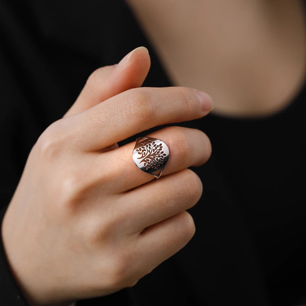 Bague Arbre de Vie Acier Inoxydable Argenté – Symbole Nature & Spiritualité | Bijou Unisexe Couple & Mariage | Cadeau Intemporel