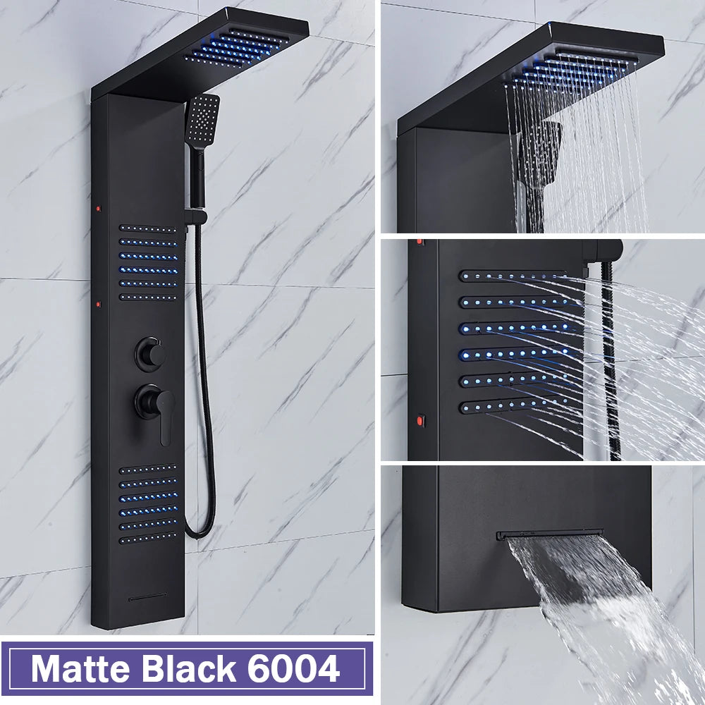 Rozin Colonne Douche Noire LED – 5 Modes dont Jets Massage & Cascade, Pluie, Affichage Digital | Panneau SPA Salle de Bain