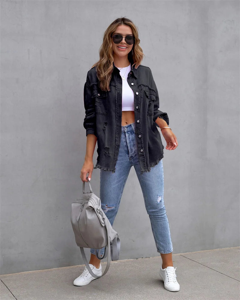 Veste en Jean Femme Bords Bruts Troués – Style Chemise Casual | Printemps Automne Tendance 2025
