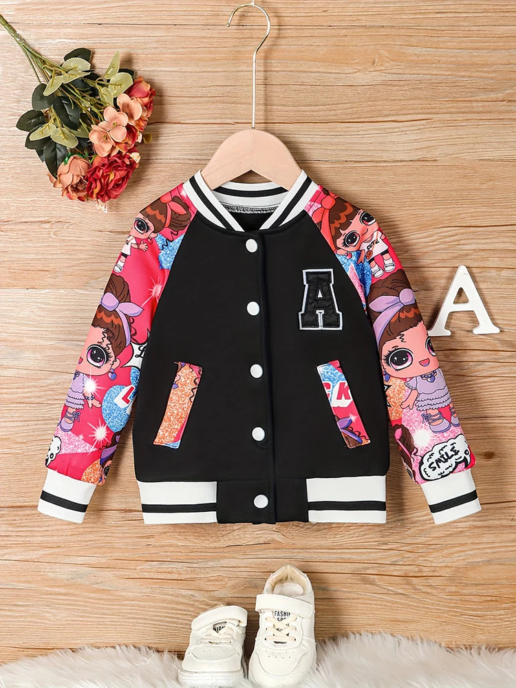 Veste Baseball Fille Imprimé Poupée Cartoon Lettre A – Blouson Casual Printemps Automne Enfant