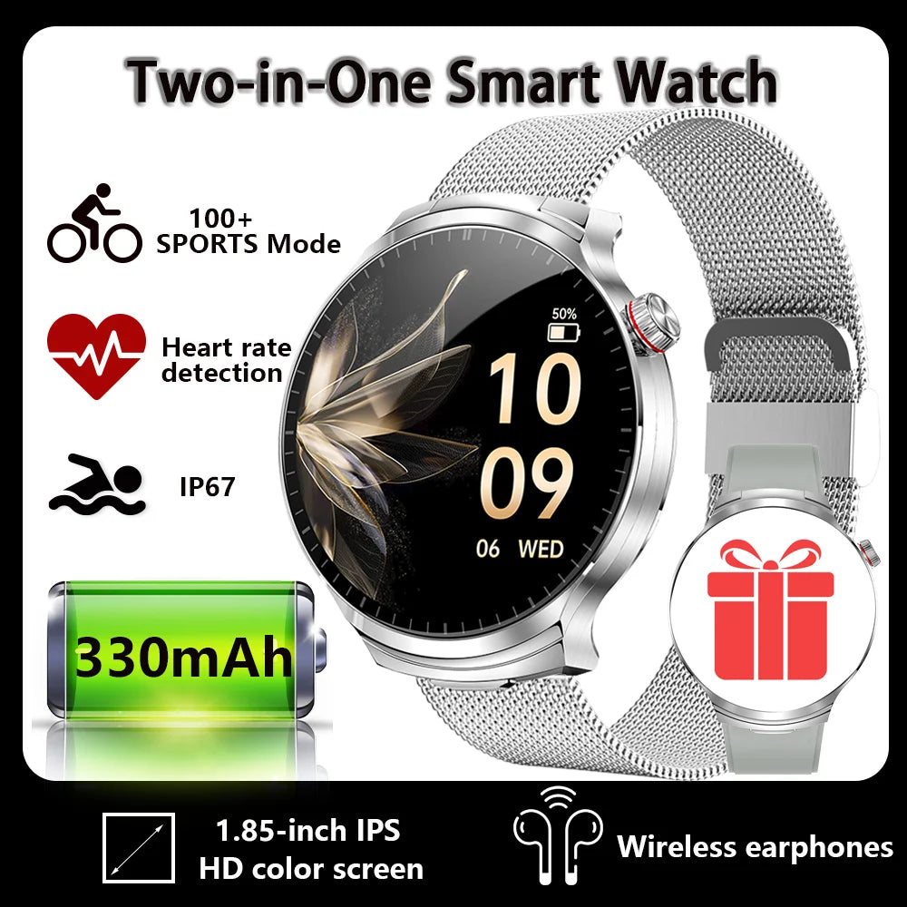 Smartwatch 2-en-1 + Écouteurs TWS Bluetooth – Écran HD 1.85" IP67 Étanche | 100+ Sports | Appels & Suivi Fitness