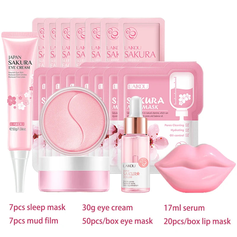 Kit Skincare Coréen LAIKOU Sakura – Nettoyant, Masque Yeux & Lèvres, Hydratation Intense | Routine Beauté K-Beauty Complète