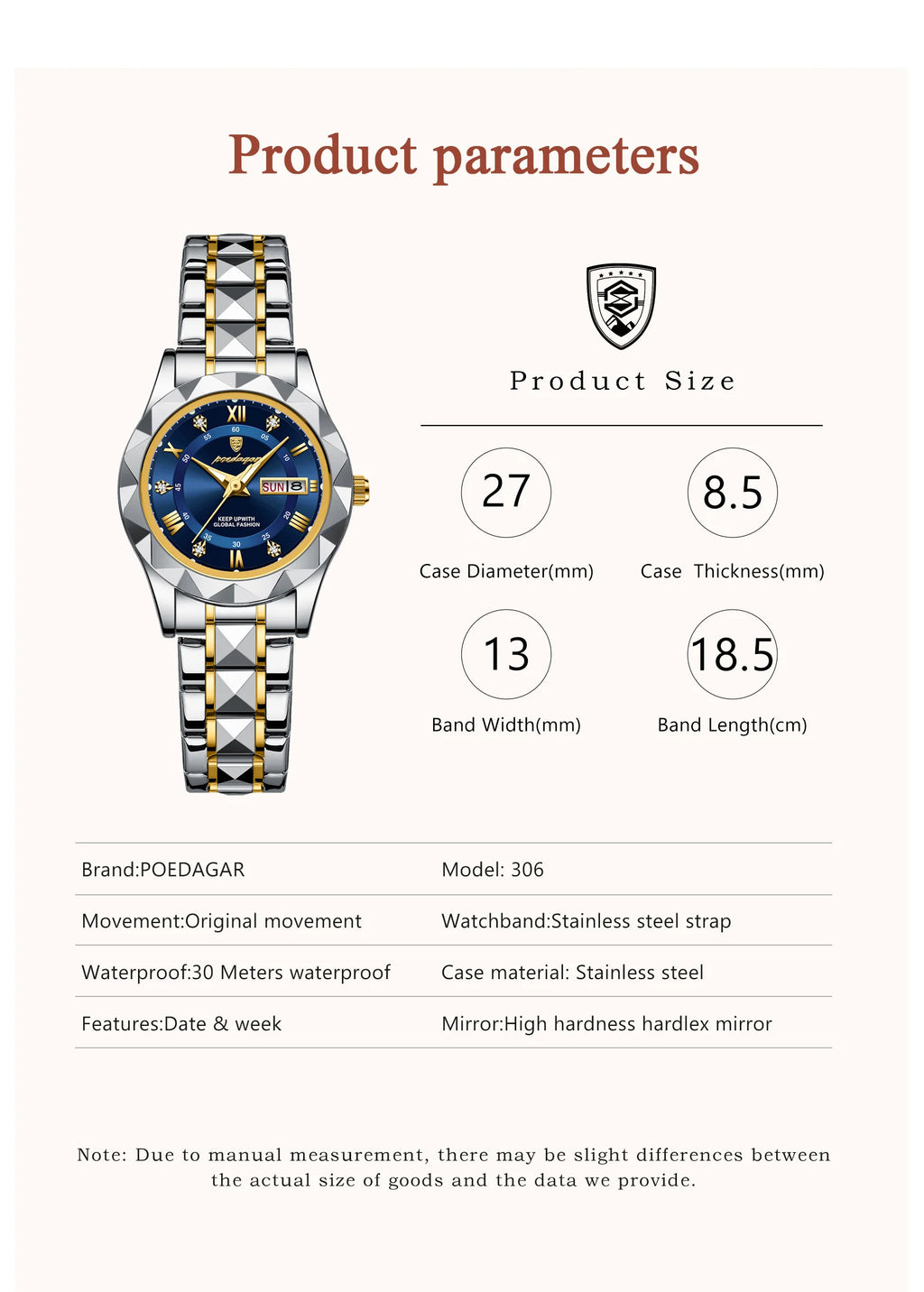 Montre Femme POEDAGAR Casual Quartz Lumineuse – Acier Inoxydable Étanche Date Semaine Fashion