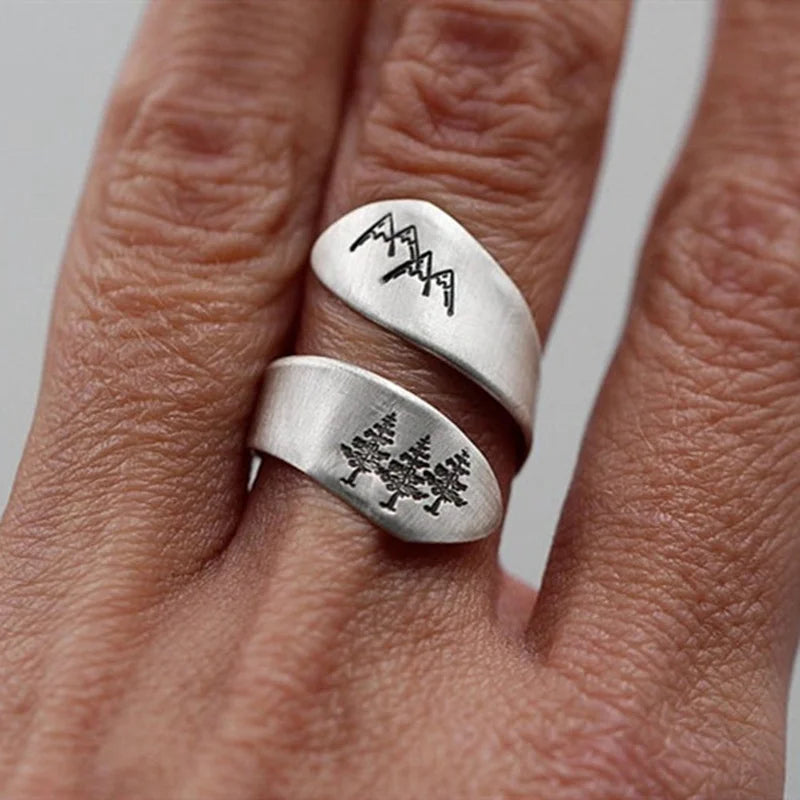 Bague Femme Forêt Montagne Ouverte – Anneau Brossé Nature Mariage Fête Bijou Créatif