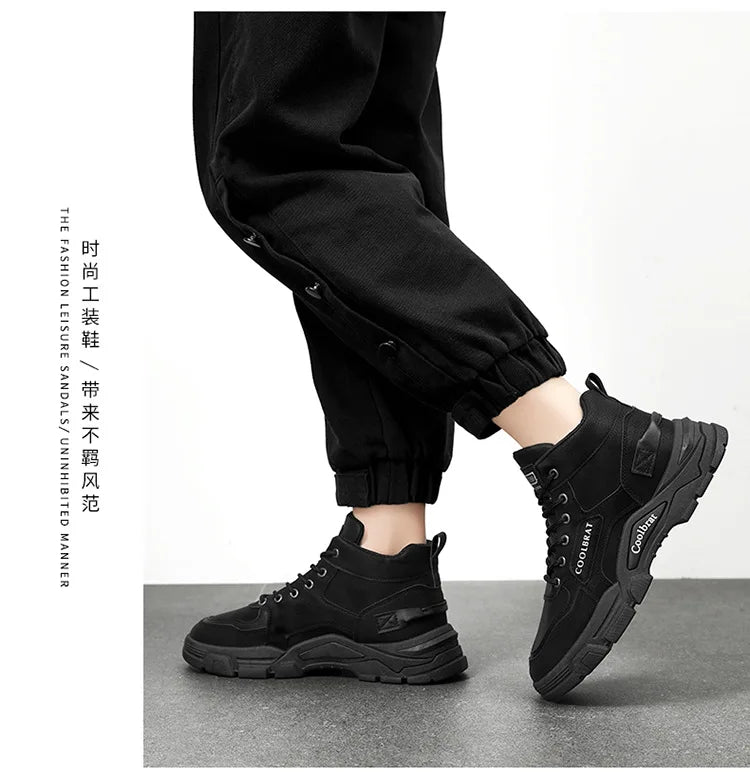 Boots Moto High Top Homme Plateforme 2026 – Noir Lacets Cuir Chaud Outdoor Bota