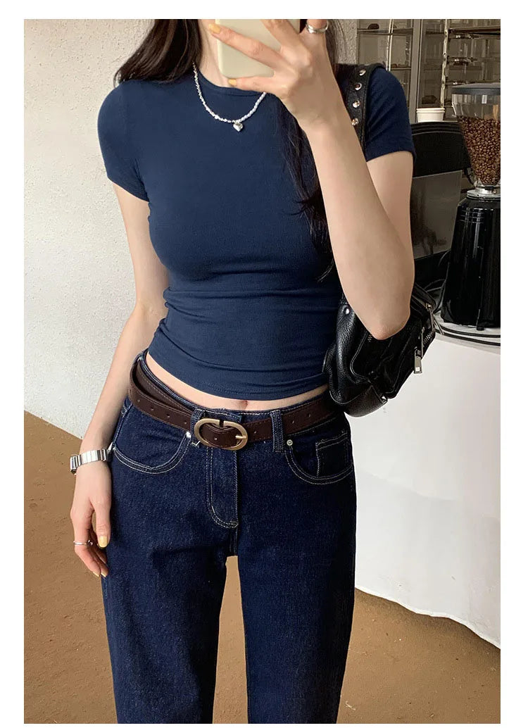 Crop Top Basique Uni Femme – Manches Courtes Col Rond Ajusté | Style Y2K Vintage Harajuku Streetwear