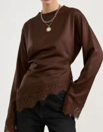Top elegant aus Satin mit Spitze, Patchwork, Langarm, Spaghettiträgern – Lässige Bluse für Damen | Frühling 2026