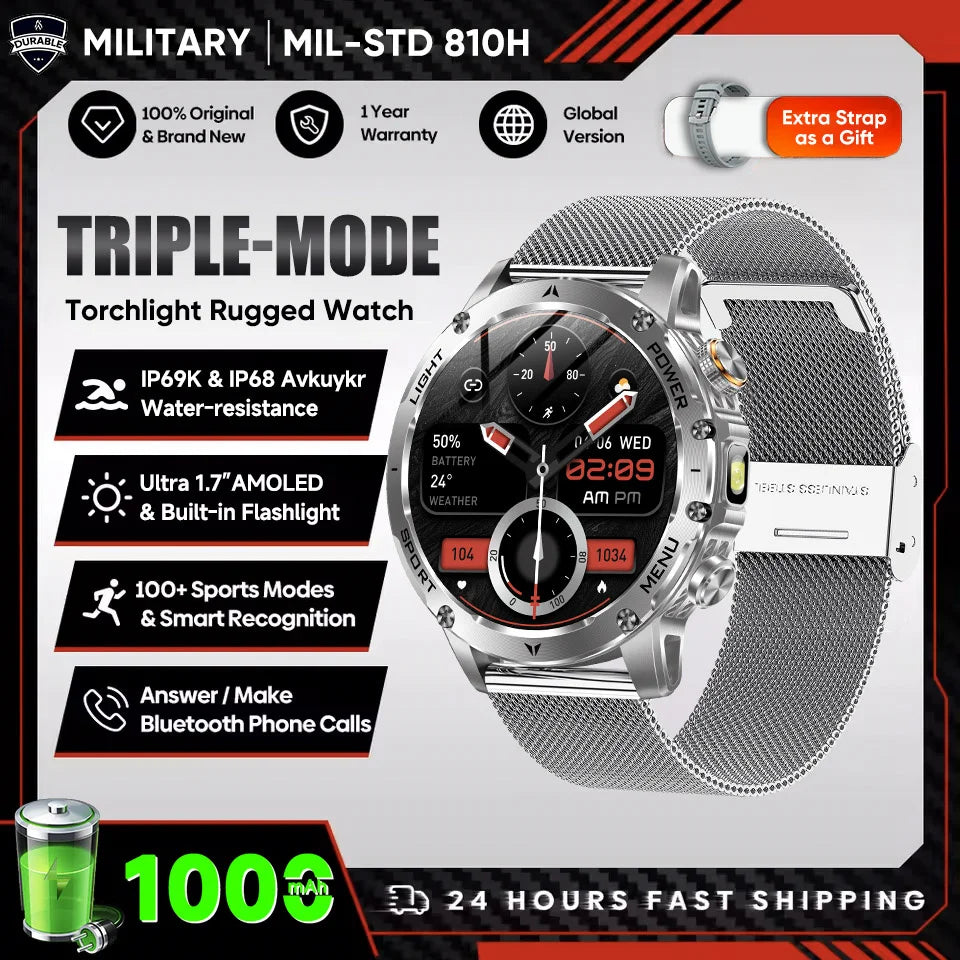 Smartwatch Militaire Homme GPS NFC 3ATM – Montre Connectée Bluetooth 1.7" HD 1000mAh Étanche