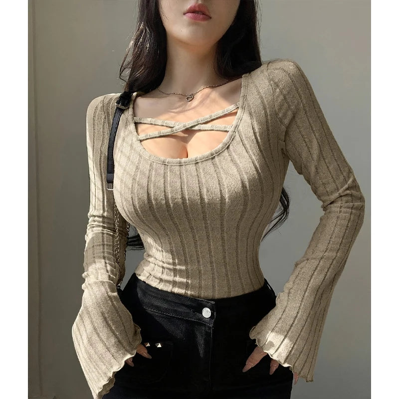 Damen Strick-Top Quadratischer Ausschnitt Langarm Überkreuzte Träger Gerippt Schmale Passform Casual – T-Shirt Streetwear Herbst Winter | Mode