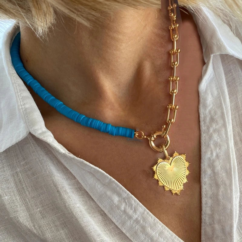 Collier Ras-du-Cou Boho Vintage – Cœur, Coquillage & Œil Turc | Bijou Femme Tendance Été & Plage | Accessoire Mode Charme