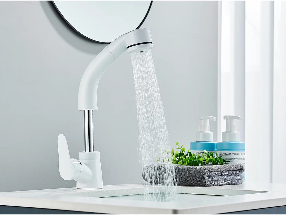 POIQIHY Robinet Lavabo Extractible Noir – Mitigeur Chaud Froid, Rotation 360°, Bec Relevable | Chrome & Noir Salle de Bain