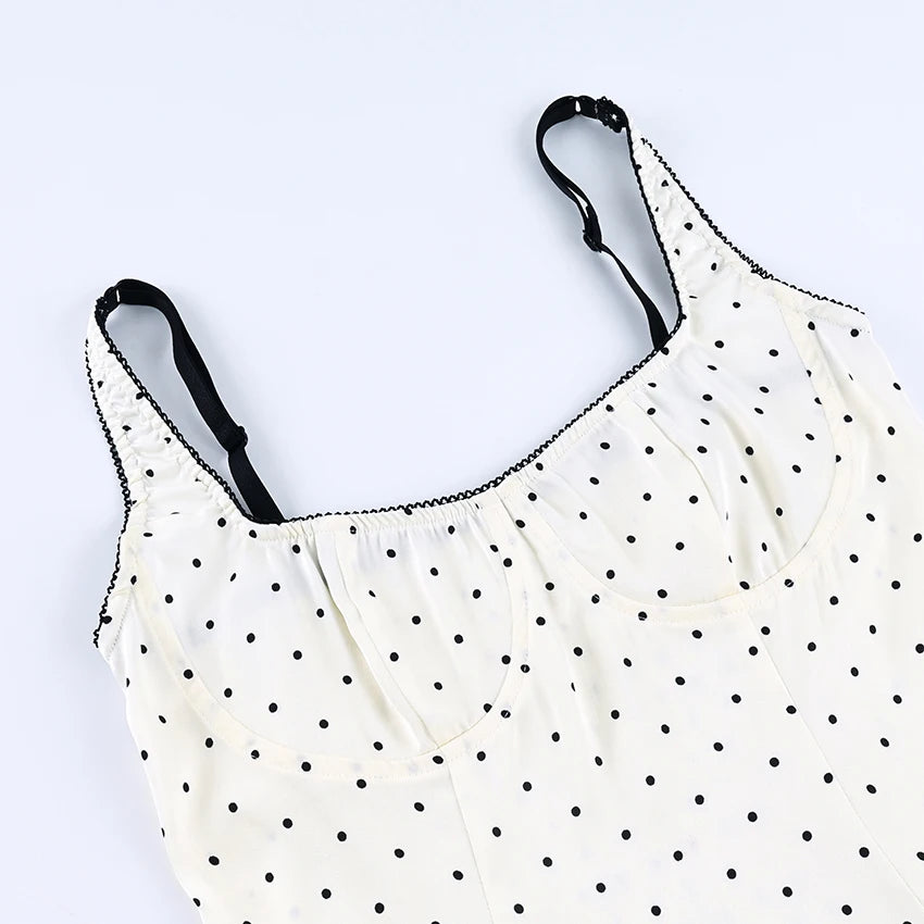 Top Camisole Femme Soie Pois Dos Nu Dentelle Bretelles Fines – Élégant Street Chic Sans Manches | Printemps 2026