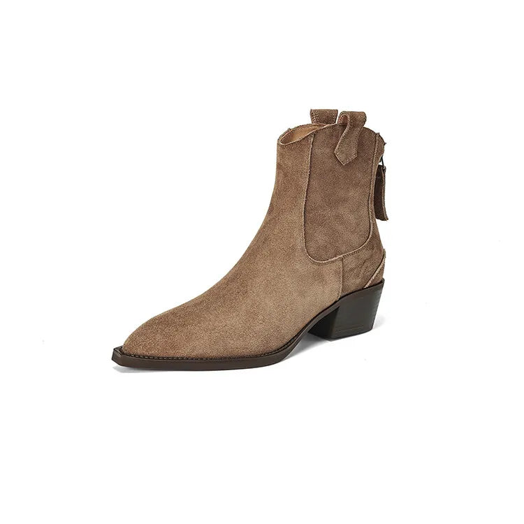 Bottes Suède Vache Chunky Heel Western Femme – Bout Pointu Noir Zip Concis Automne