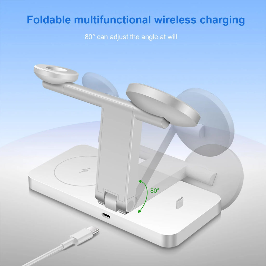 Station de Charge 4-en-1 Magnétique Verticale – iPhone 17-13 Pro Max iWatch 8 7 Sans Fil