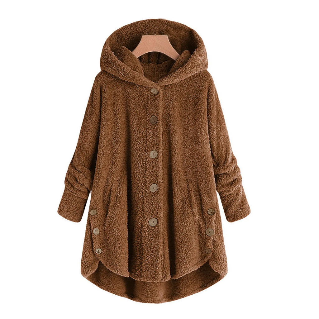 Damen Teddyfell-Mantel mit Kapuze – Warme Fleece-Jacke Unifarben | Herbst Winter Trend