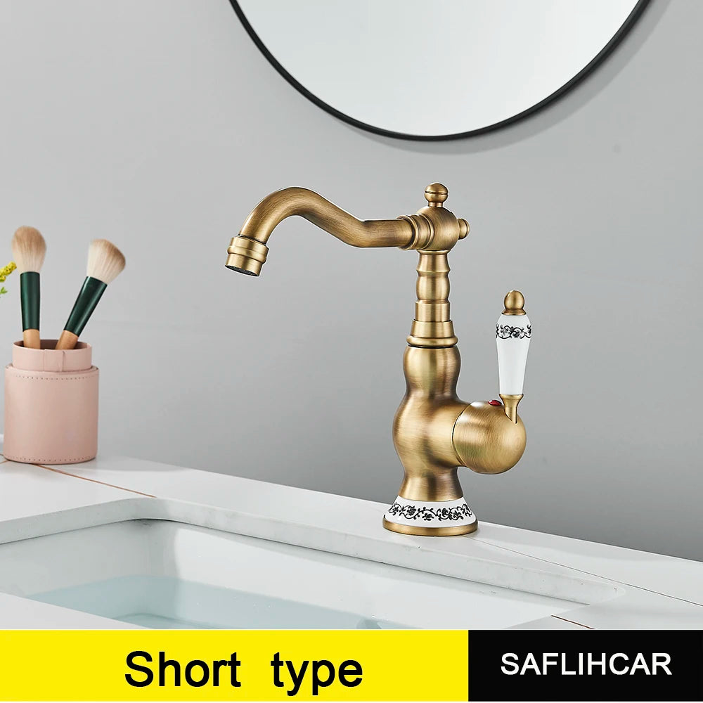 Robinet Laiton Antique Mono-Trou – Poignée Céramique Pivotante, Mitigeur Eau Chaude & Froide | Cuisine & Salle de Bain