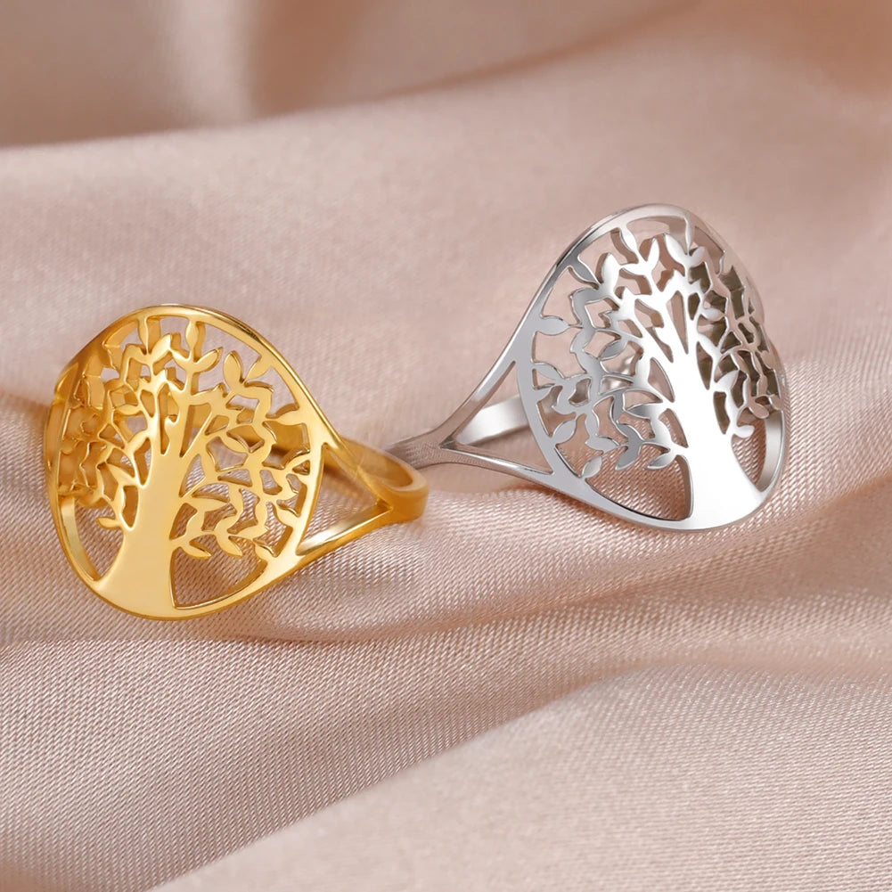 Bague Arbre de Vie Acier Inoxydable Argenté – Symbole Nature & Spiritualité | Bijou Unisexe Couple & Mariage | Cadeau Intemporel