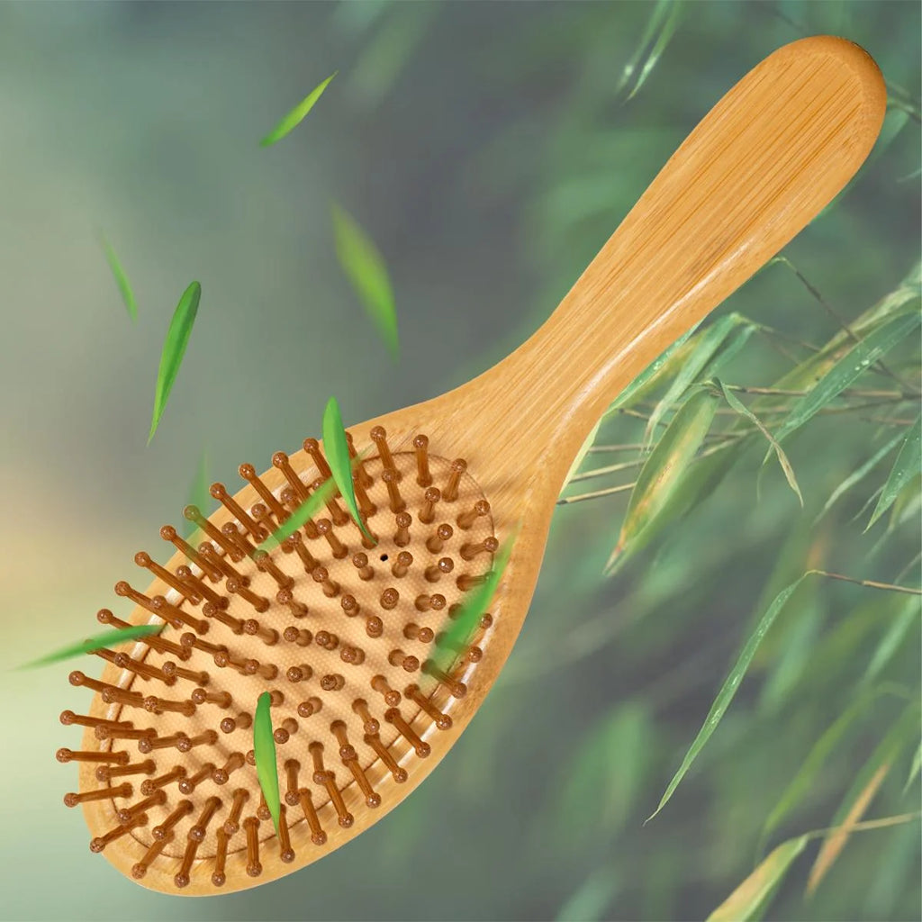 1pc Bamboo Hair Brush（Natural Wooden Massage Cushion）Wide-Tooth Detangling for Thick Hair, Scalp Care for Women Men