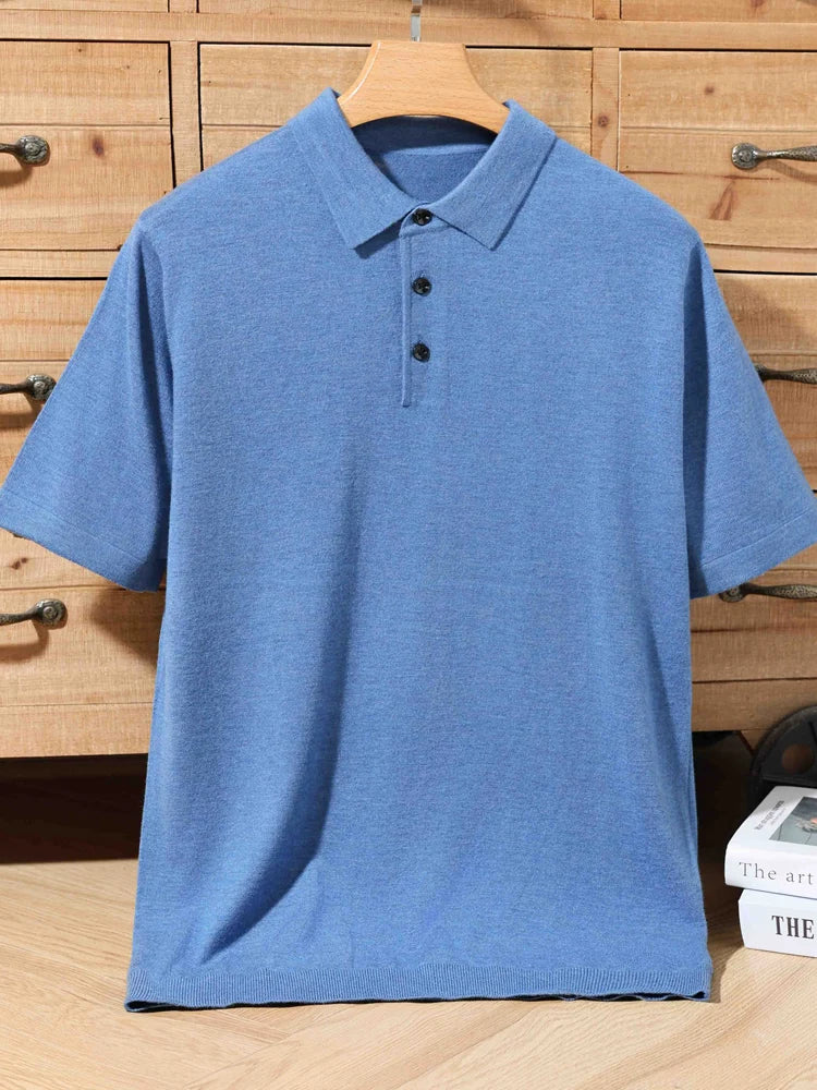 Pull Polo Homme 100% Laine Mérinos – Col Lapierre Manches Courtes Tricoté Loose Été Grande Taille
