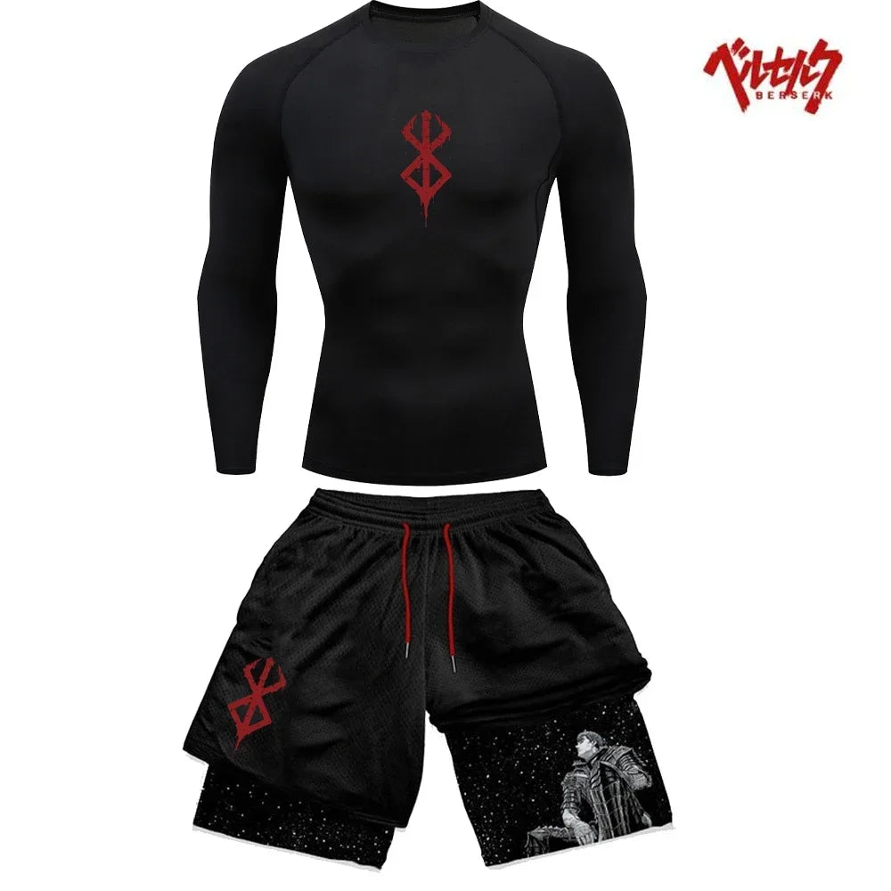 Ensemble Compression Homme Anime Berserk – T-Shirt + Short Gym Séchage Rapide | Running, Fitness & Workout Été | Sportswear Manga