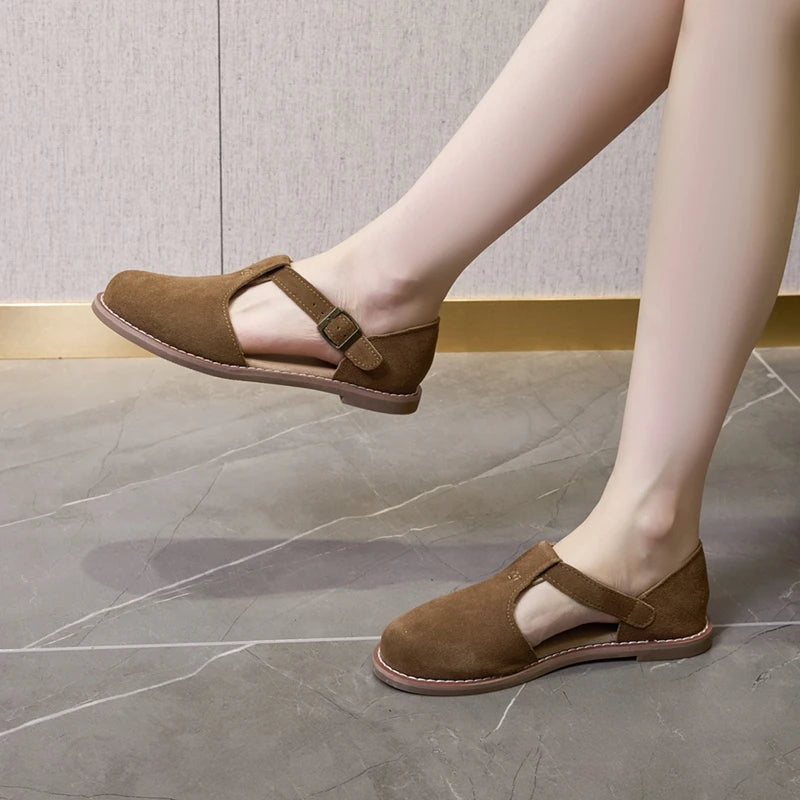 AIYUQI Sandales Cuir Véritable Retro Givré Baotou Romain 2026 – Hollow Flat Femme