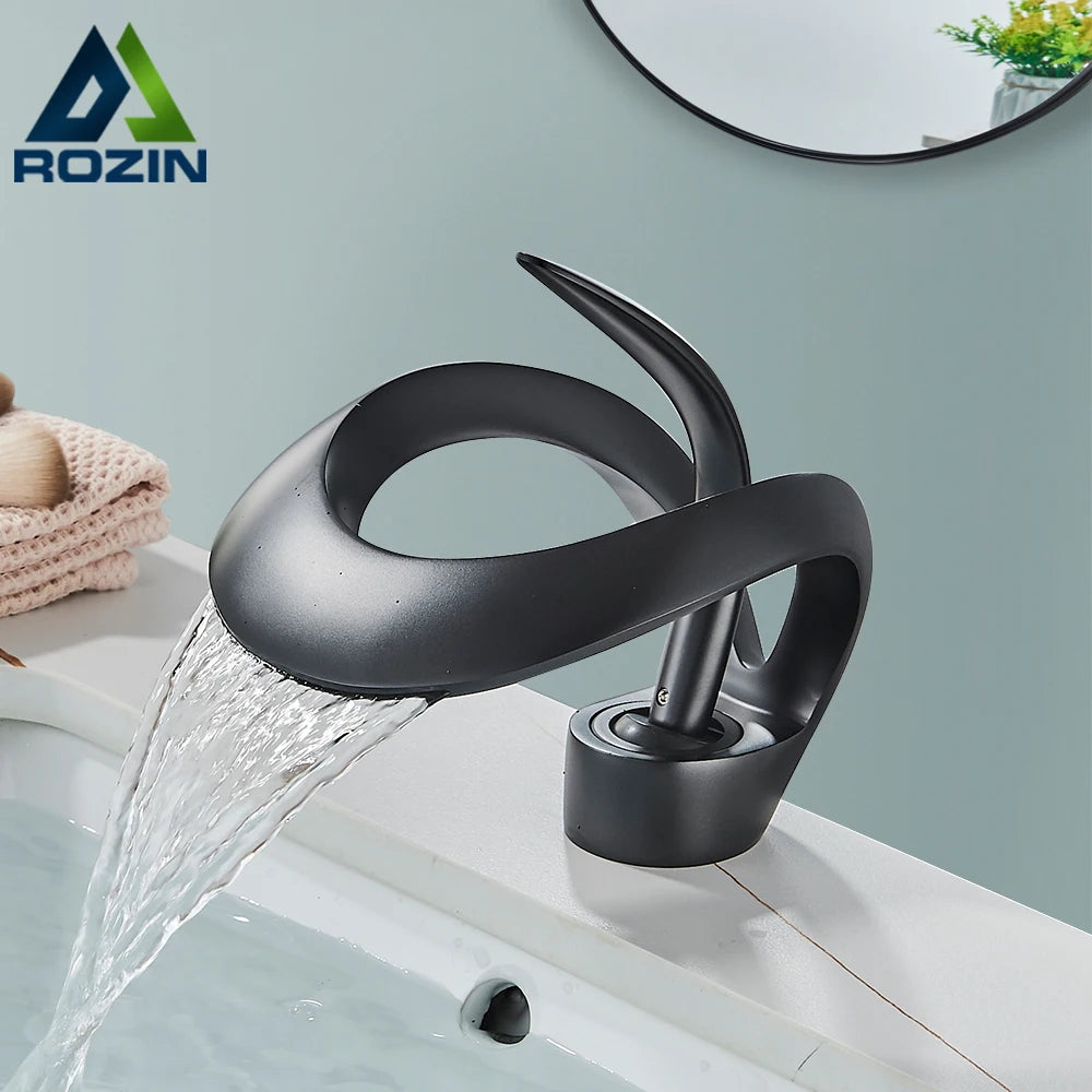Rozin Robinet Lavabo Luxe Noir & Gris – Effet Cascade, Laiton, Style Moderne | Mitigeur Eau Chaude & Froide Vasque